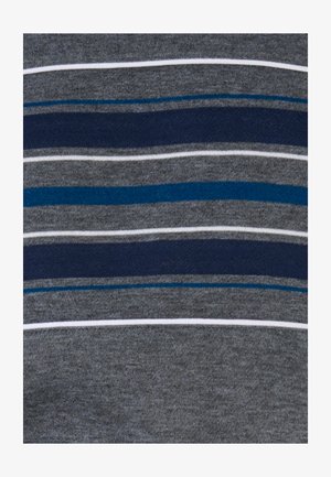 Grijze gebreide stof met horizontale strepen in donkerblauw, lichtblauw, grijs en wit. Houten textuur met een klassiek gestreept patroon.