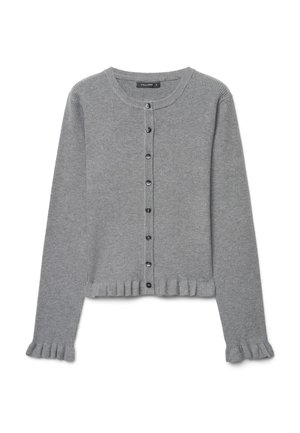 Cardigan gris à manches longues boutonné, col rond et bords froncés aux poignets et à l'ourlet.