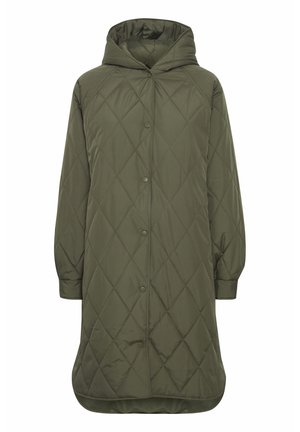 Olivgrüner gesteppter Parka mit Kapuze, der Druckknöpfe an der Vorderseite und elastische Bündchen hat, bietet ein leichtes und warmes Design.