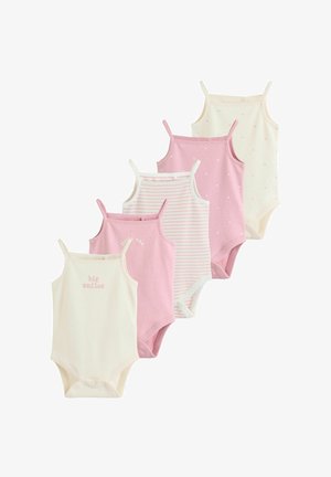 Fem babytøj i blød bomuld: to i cremefarve, to i pink med mønstre og en stribet. Har trykknapper og spaghettistropper.