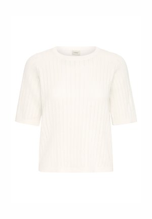 Top alb tricotat cu mâneci scurte și decolteu rotund, cu dungi verticale și detalii de ochiuri deschise pe toată suprafața materialului.