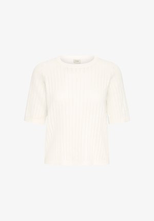 Baltas megztas trumpomis rankovėmis viršus su apvalia iškirpte, pasižymintis vertikaliu raštu ir atviromis siūlių detalėmis per visą audinį.