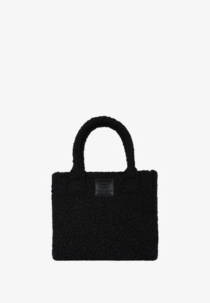 Borsa tote nera con trama testurizzata in materiale peluche, due manici corti e sagoma rettangolare. Presenta una piccola etichetta del marchio in rilievo sul davanti.