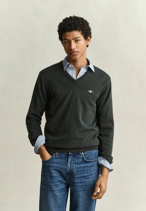Giovane uomo con capelli ricci che indossa un maglione scuro a V sopra una camicia azzurro chiaro e jeans blu, in piedi con una mano in tasca.