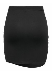 Schwarzer Minirock aus elastischem Stoff mit glatter Textur. Verfügt über ein figurbetontes Design und einen asymmetrischen Saum, ideal für legere oder formelle Anlässe.