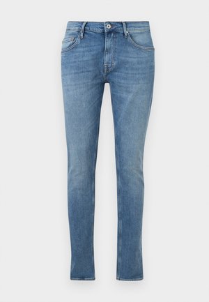 Slim-fit blauwe spijkerbroek met knopen aan de voorkant, ritssluiting en een ontwerp met vijf zakken op een effen witte achtergrond.