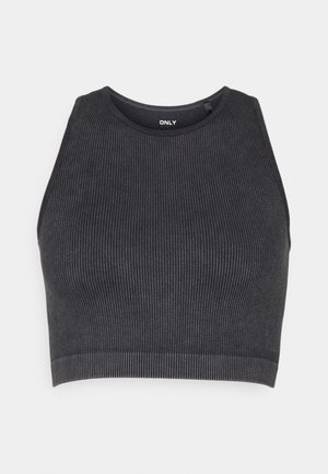 Zwarte geribbelde crop top met een ronde halslijn, brede schouderbanden en een aansluitend ontwerp. Glad oppervlak met gestructureerde verticale lijnen.