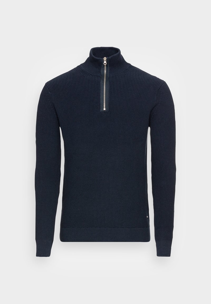 Marineblå ribbet sweater med høj krave og halvlukning, med lange ærmer og en tætsiddende pasform. Struktureret stof over det hele.