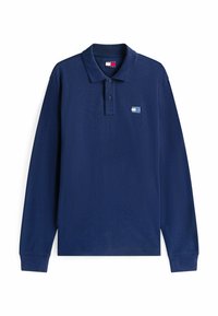 Camisa polo de manga larga en tejido de algodón de color marino, con un cuello clásico, tapeta de tres botones y un pequeño logo de la marca en el pecho.