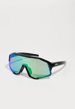 Sunglasses with a black frame, featuring a bold, angular design. Lenses are reflective, transitioning from green to blue, with a glossy finish.