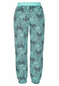 Lichte, elastische broek met een turquoise en donker patroon, voorzien van gathered manchetten en een ontspannen pasvorm.