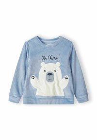 Hanorac bleu deschis cu mâneci lungi, cu o grafică a unui urs polar, textură pufoasă albă și text brodat "Salut!" deasupra ursului.