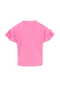 Roze t-shirt met korte mouwen en gerimpelde mouwen, gemaakt van zacht katoen. Beschikt over een ronde halslijn en een losse pasvorm.