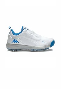 Scarpe sportive bianche con una parte superiore testurizzata, caratterizzate da dettagli blu, un colletto imbottito e una suola chiodata per una migliore aderenza. Logo Kappa visibile.