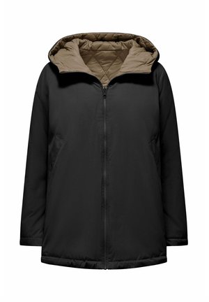 Schwarze isolierte Jacke mit einer hellbraunen, gesteppten Kapuze. Verfügt über einen Reißverschluss und Seitentaschen, gefertigt aus glattem, wetterbeständigem Material.