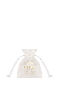 Cotton drawstring pouch in white with a gold printed logo "CHIC BY LIRETTE" and starburst design. Soft texture and compact shape.