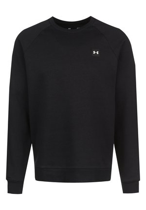 Sort langærmet crewneck-sweatshirt med tætsiddende manchetter og Under Armour-logo på øverste venstre bryst.