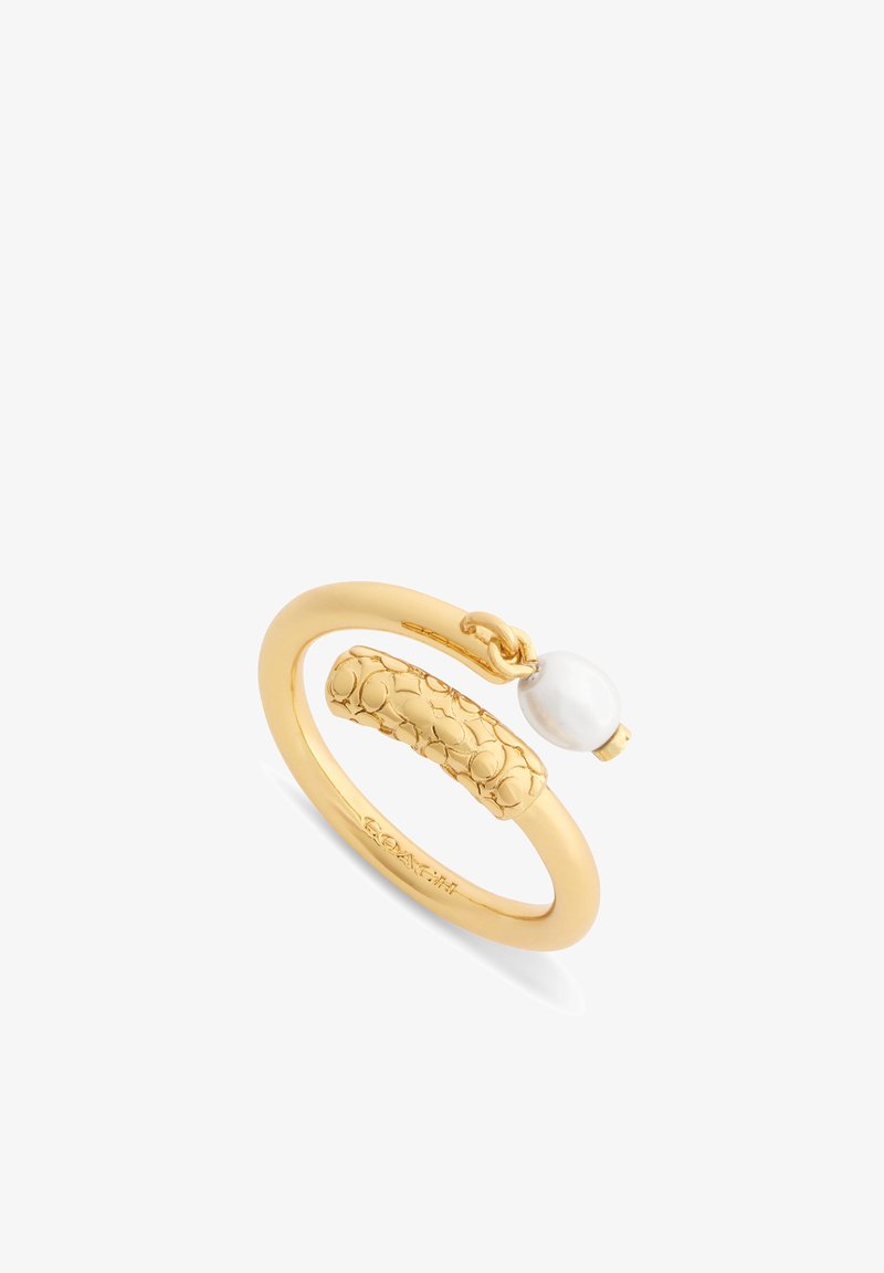 Bague ouverte en or avec un motif texturé d’un côté et une petite perle blanche de l’autre.