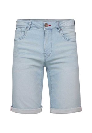 Lyseblå denimshorts med opsmøgte kanter, forsynet med en knappet talje, fem lommer og subtile falmende detaljer.