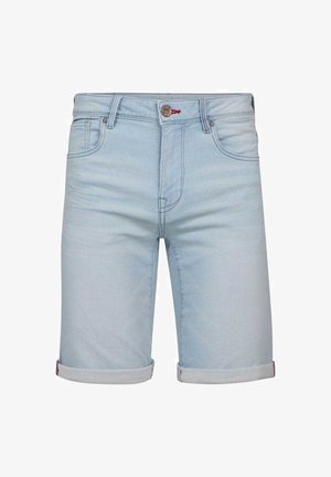 Hellblaue Denim-Shorts mit umgeschlagenen Säumen, ausgestattet mit einem Knopfverschluss, fünf Taschen und dezenten Verwaschungen.