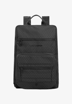 Black backpack with two front zippered pockets and padded shoulder straps, featuring a subtle triangular pattern on the fabric.