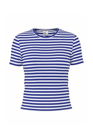 Mėlynas ir baltas horizontalių dryžių trumpomis rankovėmis marškinėlis su apvalia iškirpte ir prigludusiu siluetu.