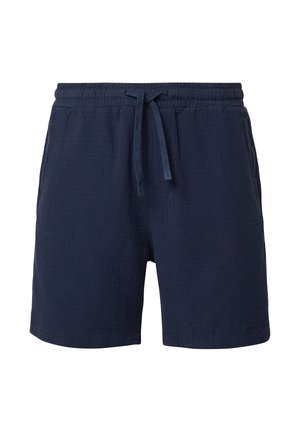 Marineblaue Shorts aus strukturiertem Stoff, mit elastischem Bund und Kordelzug. Verfügt über zwei Seitentaschen und einen geraden Schnitt.