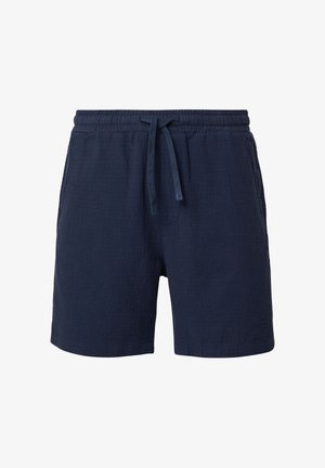 Marineblaue Shorts aus strukturiertem Stoff, mit elastischem Bund und Kordelzug. Verfügt über zwei Seitentaschen und einen geraden Schnitt.