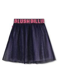 Marineblauer plissee Tüllrock mit einem schwarzen und pinkfarbenen elastischen Taillenbund mit der Aufschrift "BLUSH BILLIE". Transparenter Stoff sorgt für ein leichtes, luftiges Aussehen.