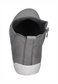 Gray ankle boot with smooth leather upper, rounded toe, and white textured rubber sole. Features a side zip closure and fabric accents.