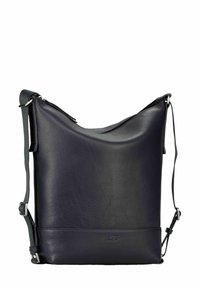 Sac d'épaule en cuir noir avec un design décontracté, une surface texturée, une bandoulière ajustable et un marquage minimaliste à la base.