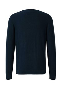 Donker marineblauwe trui met lange mouwen, effen gebreid, gezien van achteren met een ronde halslijn en geribbelde manchetten en zoom.