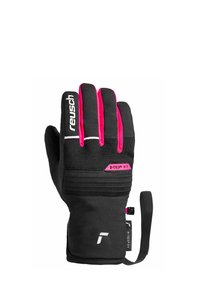 Black winter glove with pink accents, featuring a textured grip, waterproof R-TEX XT material, and a secure adjustable strap at the wrist.