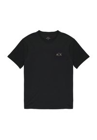 Zwarte katoenen t-shirt met ronde hals en korte mouwen. Bevat een klein gouden logo op de linkerborst. Soepele textuur en reguliere pasvorm.