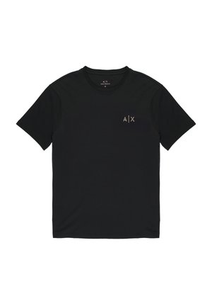 T-shirt nera in cotone con collo tondo e maniche corte. Presenta un piccolo logo dorato sul lato sinistro del petto. Tessuto morbido e vestibilità regolare.