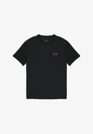 T-shirt nera in cotone con collo tondo e maniche corte. Presenta un piccolo logo dorato sul lato sinistro del petto. Tessuto morbido e vestibilità regolare.