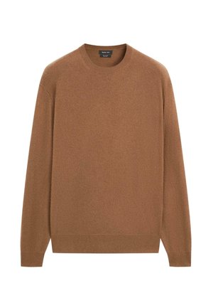 Maglione marrone a maglia con scollatura rotonda, polsini e orlo a coste, caratterizzato da una texture liscia e una vestibilità leggermente ampia.