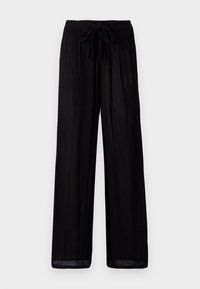 Pantalones de pierna ancha negros con un tejido texturizado, presentan una cintura con cordón y un ajuste relajado. Sin acentos ni patrones visibles.