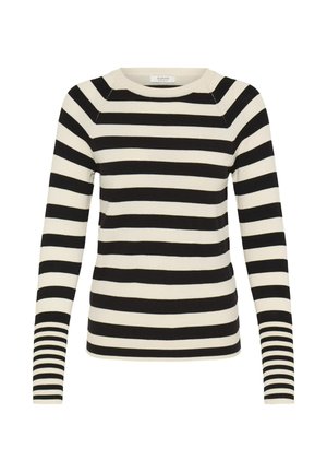 Langærmet strikket sweater med sorte og off-white vandrette striber, rund halsudskæring og tætsiddende silhuet.
