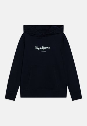 Granatowa bluza z kapturem z kieszenią z przodu i białym logo "Pepe Jeans London" na środku klatki piersiowej, z kapturem regulowanym sznurkiem oraz długimi rękawami.