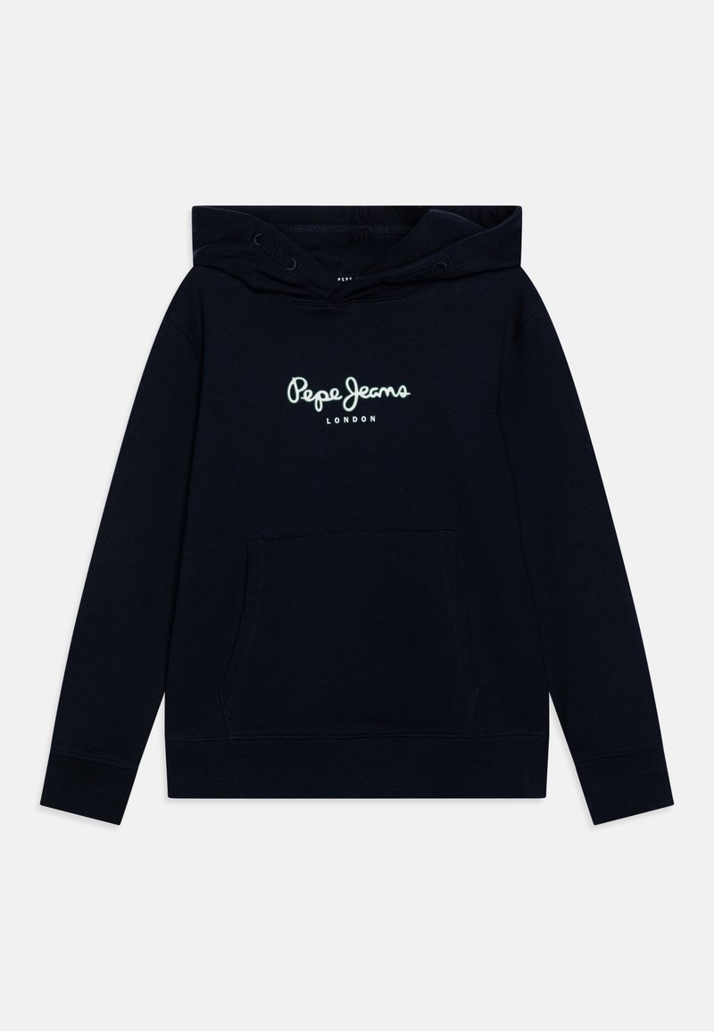 Sweat à capuche bleu marine avec poche avant et logo blanc "Pepe Jeans London" centré sur la poitrine, doté d'une capuche à cordon de serrage et de manches longues.
