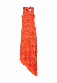 Vestido asimétrico sin mangas en un vibrante tono naranja con patrones intrincados. Presenta un cuello atado y un dobladillo sólido en naranja en la parte inferior.