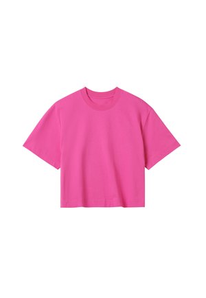 Roze T-shirt met korte mouwen van katoen. Heeft een ronde halslijn en een losse pasvorm met een rechte zoom aan de onderkant.