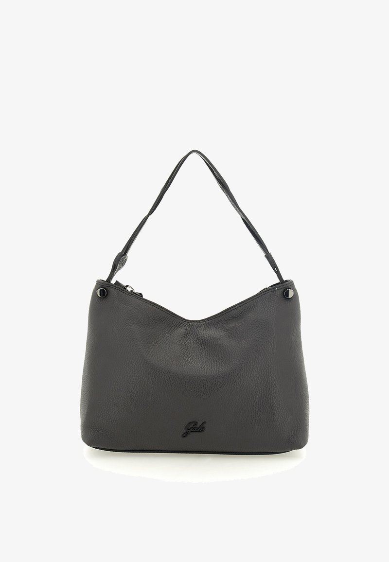 Borsa a mano in pelle nera con una texture morbida, forma hobo e una singola tracolla. Presenta una cerniera superiore e un dettaglio di logo discreto.