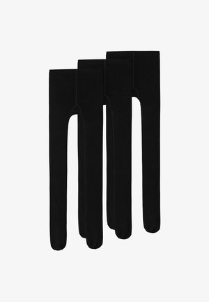 Schwarze Strumpfhosen aus weichem Material mit glatter Textur und nahtlosem Design. Drei Paare in einheitlicher Höhe und Form präsentiert.