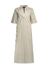 Abito a righe in tonalità crema e marrone, con maniche corte, scollatura a V e una silhouette lunga e dritta. Realizzato in un tessuto leggero.