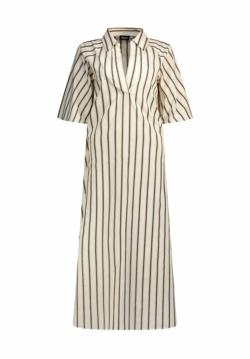 Abito a righe in tonalità crema e marrone, con maniche corte, scollatura a V e una silhouette lunga e dritta. Realizzato in un tessuto leggero.