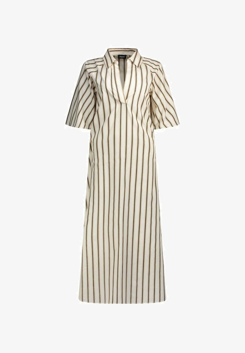 Abito a righe in tonalità crema e marrone, con maniche corte, scollatura a V e una silhouette lunga e dritta. Realizzato in un tessuto leggero.