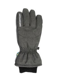 Guanto in tessuto grigio con tre dita, polsino elasticizzato e gambale nero. Presenta un'etichetta con accenti blu e gialli e testo bianco sul retro.