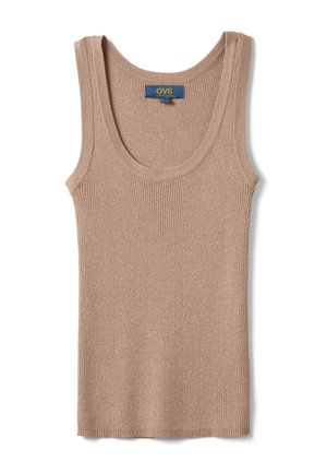Ärmelloses, geripptes Strick-Top in Beige mit Rundhalsausschnitt und OVS Markenetikett auf der Innenseite des Kragens hinten.